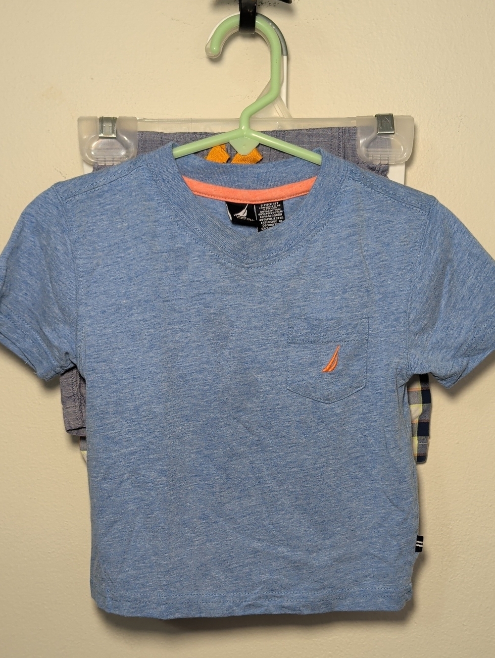 Nautica Boys Set - Blue T-shirt, Chambray Shorts, Blue + White Plaid Shorts 24M